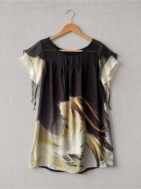 Zara Silk Black and Cream Printed Flutter Sleeve Tunic
